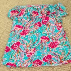Lilly Pulitzer S Wiley Tube Top Sleeveless Blue Pink Jellyfish Ruffle